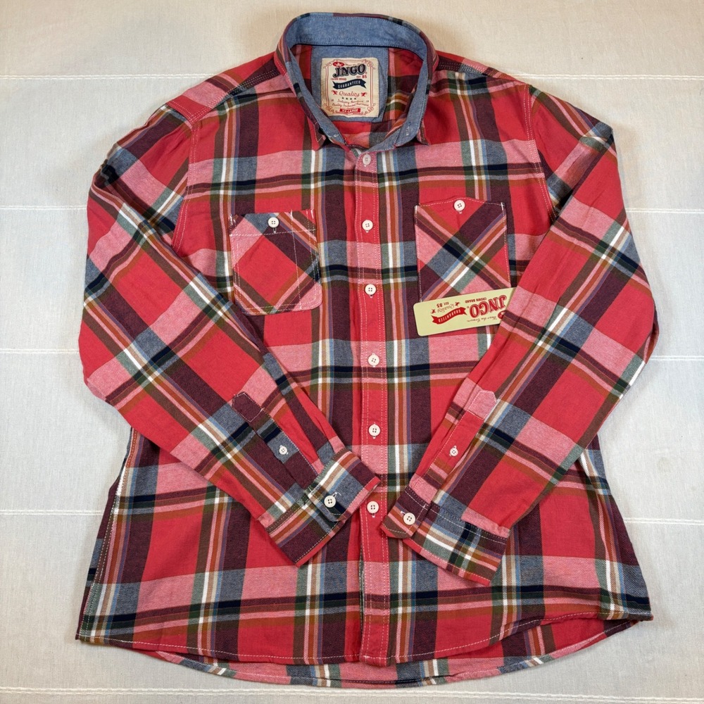 JNCO Crown Brand Mens Red Plaid Long Sleeve Button Down Cotton Shirt XXL NWT